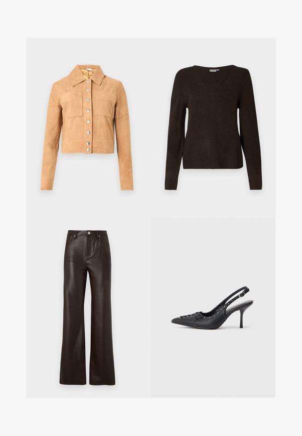 Chaqueta corta de ante color marrón con mangas largas, dos bolsillos delanteros con solapa, botones a presión plateados y un cuello puntiagudo sobre un fondo blanco.; Suéter de punto de manga larga en marrón oscuro con cuello en V, con puños y dobladillo acanalados, exhibido sobre un fondo blanco liso.; Vero Moda Wide-leg VMTESSA High rise - Pantalones - chocolate torte; Sandal de tacón stiletto negro de cuero con punta afilada, correa lateral con hebilla, tachuelas a lo largo del borde y cordones decorativos en la parte delantera.