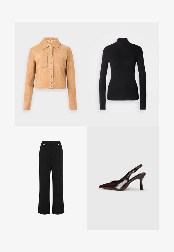 Chaqueta corta de ante color marrón con mangas largas, dos bolsillos delanteros con solapa, botones a presión plateados y un cuello puntiagudo sobre un fondo blanco.; Suéter negro de cuello alto hecho de un tejido de punto ligero. Presenta mangas largas, un diseño ajustado y una suave textura acanalada.; Pantalones de pierna ancha negros con textura suave, que presentan una cintura alta, dos botones en tono dorado y un diseño ajustado. Sin bolsillos visibles.; Zapatos de tacón slingback de charol marrón con punta afilada, tacón delgado y correa ajustable con una pequeña hebilla.