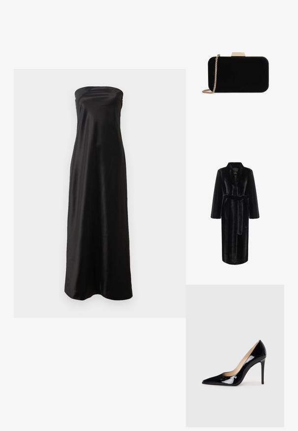 Zwarte nepbont badjas met lange mouwen, tailleceintuur en een sjawlzoom. Heeft een gladde textuur en een knielange snit.; Zwart strapless maxi-jurk van satijnen materiaal, met een eenvoudig ontwerp, een gladde textuur en een vloeiende silhouet.; Zwarte lakleren hoge hakpumps met een puntige neus en een slanke silhouet. Heeft een gladde, glanzende afwerking en een slanke stilettohak.; Zwarte fluwelen clutch met gouden hardware, rechthoekige vorm en kettingband, met een zachte textuur en zonder zichtbare patronen.
