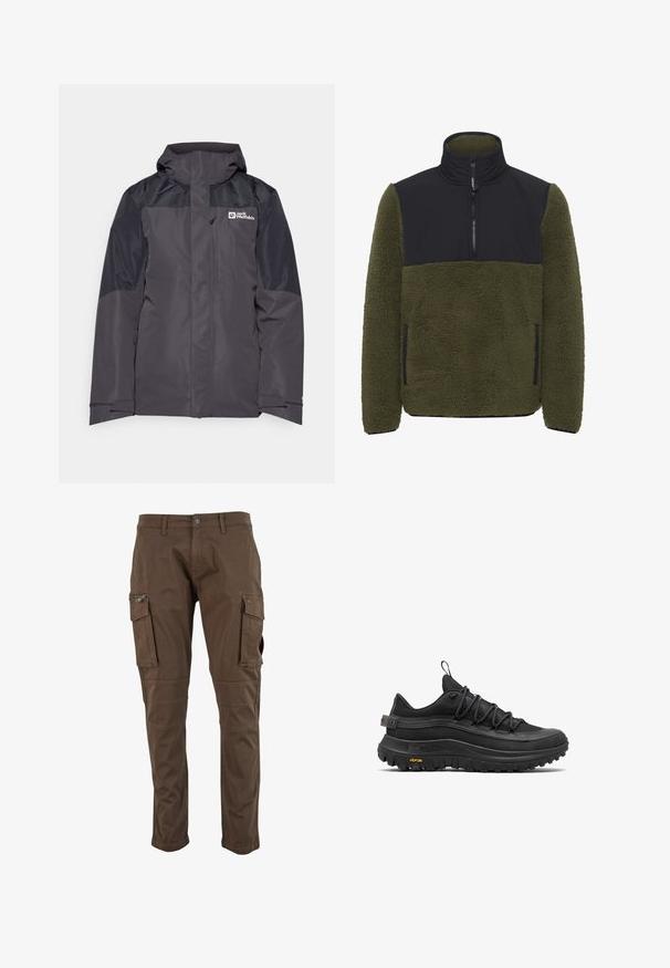 Jack Wolfskin ROMBERG 3IN1 - Blouson - phantom; Pull-over en polaire vert olive avec un panneau en nylon noir sur la poitrine. Il comprend un col montant, une fermeture éclair mi-haute et des poches latérales.; Pantalons cargo marron avec plusieurs poches frontales, y compris des styles à fermeture éclair et à rabat, présentant des détails de patchs aux genoux.; Chaussures de randonnée noires avec une surface texturée, dotées d'une semelle en caoutchouc épaisse, de lacets élastiques et d'un logo Vibram sur le côté.
