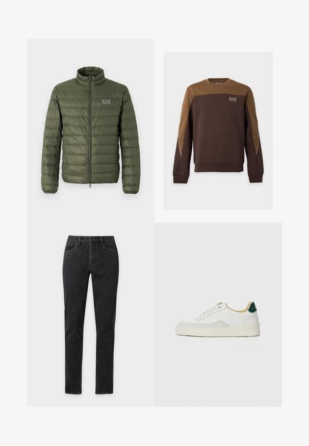 Oliven grøn pufferjakke med høj krave, quiltet design, lynlås foran og EA7-logo på venstre bryst. Glat tekstur, letvægtsmateriale.; Brun og beige langærmet sweatshirt med rund halsudskæring, piping-detalje på ærmerne og lille EA7 Emporio Armani-logo på brystet.; Sorte jeans med slim fit, fem lommer, bæltestropper og synlige syninger, vist forfra på en ensfarvet baggrund.; Hvide sneakers med ruskindsdetaljer, rund tå, flade snørebånd og en cremet gummisål. Har grøn branding på hælen.