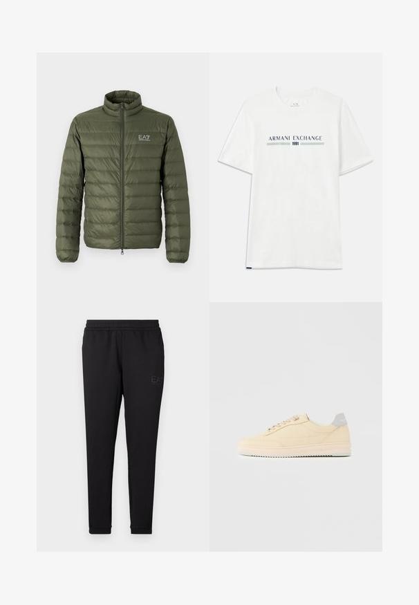 Oliven grøn pufferjakke med høj krave, quiltet design, lynlås foran og EA7-logo på venstre bryst. Glat tekstur, letvægtsmateriale.; Hvid bomulds t-shirt med korte ærmer, prydet med et blåt og grønt "ARMANI EXCHANGE" logo og "1991" centreret nedenfor.; Sorte joggingbukser lavet af blødt stof, med elastisk talje, tætsiddende manchetter og et lille logo trykt på siden.; Beige lavtop sneaker med snørelukning foran, lyserød sål og grå hællap med mærket "Filling Pieces", vist i profil på ensfarvet baggrund.