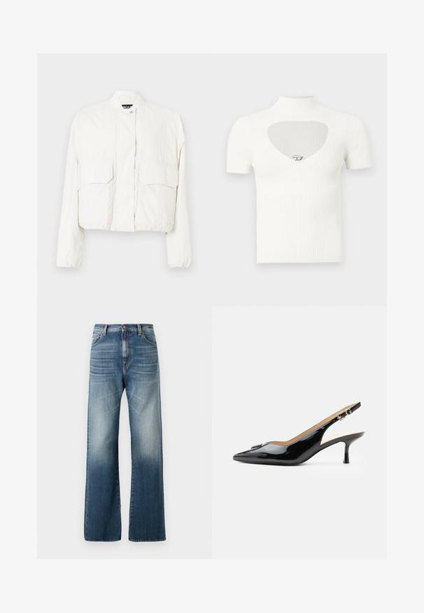 Veste blanche courte en tissu léger, dotée de deux poches avant, d'un col montant et d'une fermeture à pression sur le devant.; Haut blanc côtelé à manches courtes avec un col montant et une découpe en forme de cœur sur la poitrine, ornée d'un détail argenté au centre.; Jean en denim bleu à jambes larges avec une finition délavée, doté d'une fermeture à bouton et d'un design traditionnel à cinq poches. Texture lisse sur l'ensemble.; Escarpin slingback en cuir verni noir avec bout pointu, petit talon kitten et bride à boucle argentée sur fond blanc uni.