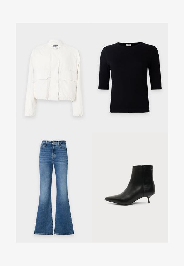 Veste blanche courte en tissu léger, dotée de deux poches avant, d'un col montant et d'une fermeture à pression sur le devant.; T-shirt noir à côtes avec un col rond et des manches trois-quarts. Le tissu a une texture lisse et une ligne d'ourlet droite. Pas de marque visible.; Jean bleu évasé en denim, avec taille haute, décoloration légère et design classique à cinq poches.; Bottine en cuir noir avec bout pointu et petit talon kitten sur fond clair, vue côté extérieur.