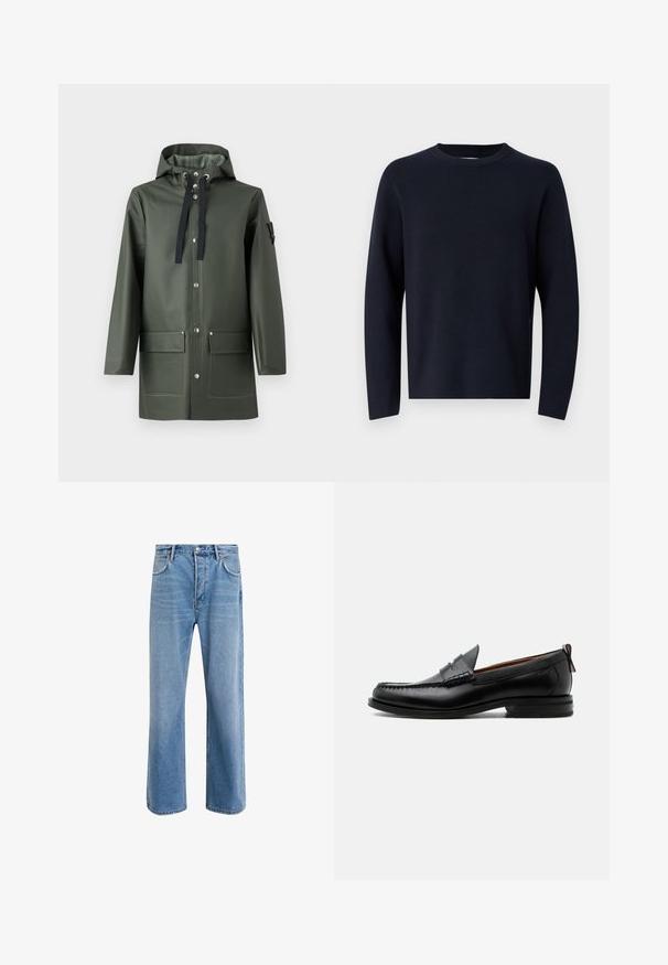 Oliven grøn vandtæt jakke med hætte, der har sorte snore, to frontlommer, trykknapper og en glat, blank finish.; Marinblå sweater, rund halsudskæring, lange ærmer, lavet af blødt stof med en glat tekstur. Enkelt design, ingen synlige mønstre eller hardware.; Lyseblå denim jeans med lige ben-design, fem lommer, knaplukning, minimal falming og kontraststingdetaljer.; Sort læder herre loafer med moc-tå syning, penny strop, struktureret krave og lav stablet hæl på hvid baggrund.