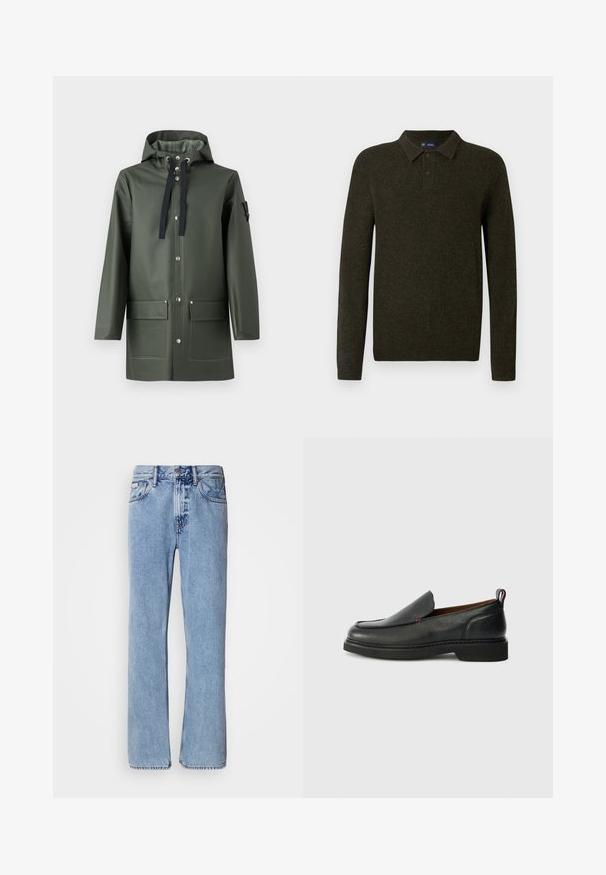 Oliven grøn vandtæt jakke med hætte, der har sorte snore, to frontlommer, trykknapper og en glat, blank finish.; Grøn langærmet polo sweater med struktureret finish, to knaplukninger og ribstrikkede manchetter. Enkel, klassisk design der er velegnet til afslappet brug.; Lyseblå denimjeans med lige ben design, fem lommer og knaplukning. Syninger nær lommer og talje.; Sorte læder slip-on sko med rund tå, struktureret overdel, kontrasterende rød syning og lav hæl. Funktioner en løkke pull tab.