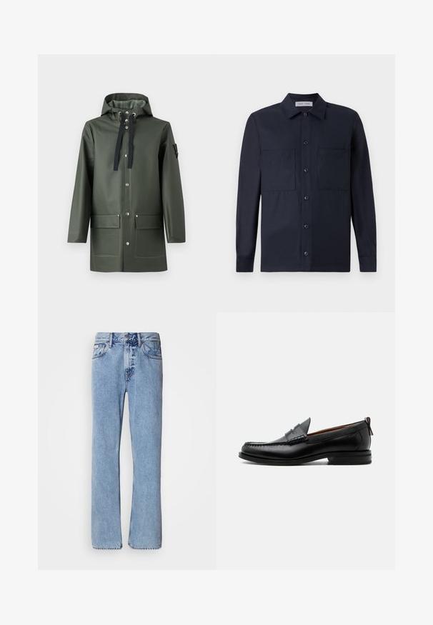 Oliven grøn vandtæt jakke med hætte, der har sorte snore, to frontlommer, trykknapper og en glat, blank finish.; Samsøe Samsøe TAKA JO OVERSHIRT - Skjorter - dark blue; Lyseblå denimjeans med lige ben design, fem lommer og knaplukning. Syninger nær lommer og talje.; Sort læder herre loafer med moc-tå syning, penny strop, struktureret krave og lav stablet hæl på hvid baggrund.