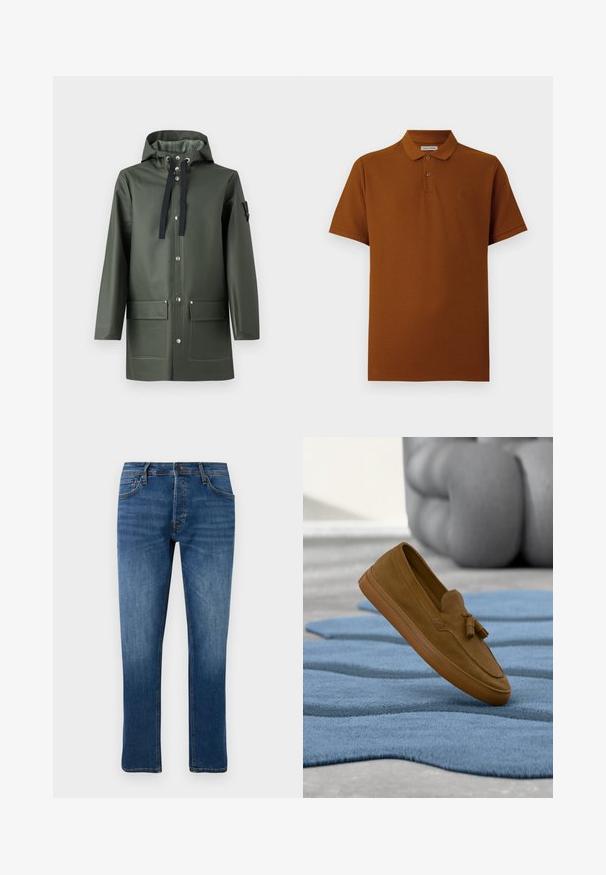 Oliven grøn vandtæt jakke med hætte, der har sorte snore, to frontlommer, trykknapper og en glat, blank finish.; Brun ribbet polo shirt med korte ærmer, tre-knap lukning og lille logo på brystet. Blødt bomuldsblandingsstof.; Blå straight-leg jeans med fem lommer, knaplukning og subtil falme på lår og knæ, præsenteret mod en hvid baggrund.; Brun ruskindslipper med kvaster, der svæver over blå tekstureret tæppe og sløret grå skulptur i baggrunden.