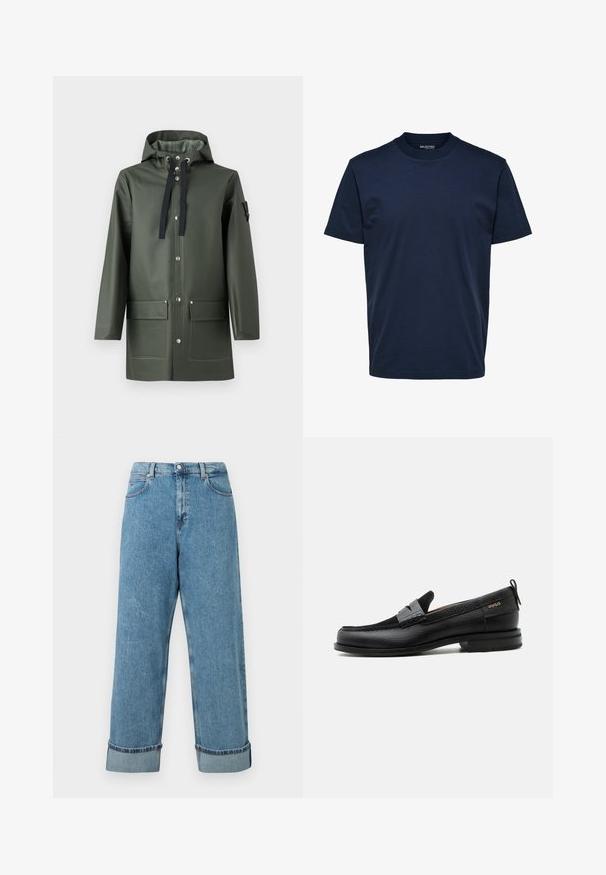 Oliven grøn vandtæt jakke med hætte, der har sorte snore, to frontlommer, trykknapper og en glat, blank finish.; Herre plain mørkeblå T-shirt med korte ærmer og rund hals med almindelig pasform og uden synlige mønstre eller logoer.; Højtaljede blå denim jeans med bredde ben og optrillede bukseender, der har forlommer og bæltestropper.; Sort læderloafer med grå remdetalje, lav hæl og tekstureret sål, mærket med "HUGO" i guld på siden.