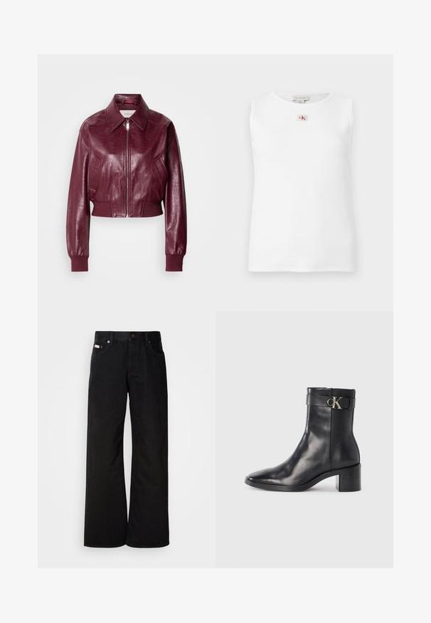 Calvin Klein Jeans CROPPED CRINKLE - Bomberjakke - deep rouge; Hvid ærmeløs top med ribstruktur og et lille rødt og sort Calvin Klein-logo centreret under halsudskæringen.; Sorte breddebenede jeans lavet af bomuld. Har forlommer, en knaplukning og en klassisk denimtekstur. Minimalistisk design uden mønstre.; Sort læder ankelstøvle med spids tå, blokhæl og en rem med en metallisk logo detalje. Glat tekstur og minimalistisk design.