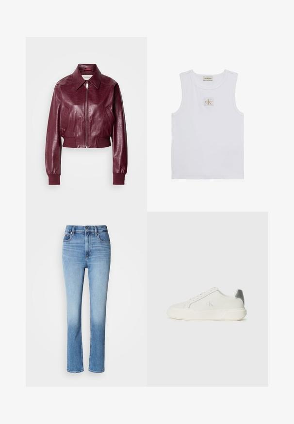 Calvin Klein Jeans CROPPED CRINKLE - Μπουφάν τύπου bomber - deep rouge; Άσπρο αμάνικο τοπ με ετικέτα Calvin Klein Jeans στο στήθος και ταμπελάκι κοντά στον λαιμό σε απλό λευκό φόντο.; Μπλε τζιν παντελόνι με ψηλή μέση, σχεδίαση ίσιου ποδιού, ξεθωριασμένο χρώμα με κλίμακα, και στυλ με πέντε τσέπες. Μεταλλικό κουμπί και φερμουάρ.; Λευκό αθλητικό παπούτσι από δέρμα με ομαλή υφή, με ασημένια λεπτομέρεια στη φτέρνα, επίπεδη σόλα και μινιμαλιστικό σχέδιο.