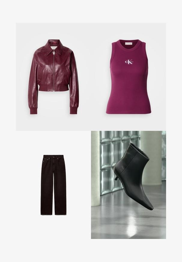 Calvin Klein Jeans CROPPED CRINKLE - Bomberjakke - deep rouge; Ribbet, ærmeløs tanktop i mørkelilla med rund hals og hvid "Calvin Klein"-logo på brystet. Blødt stof med en tætsiddende pasform.; Sorte jeans med lige ben, forreste knap og lynlås, to forlommer og bæltestropper på hvid baggrund.; Sort læderankelstøvle med spids tå og lav kitten-hæ, vist vinklet mod en poleret gulv- og glasblokvæg.