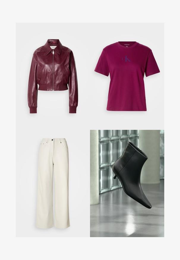 Calvin Klein Jeans CROPPED CRINKLE - Μπουφάν τύπου bomber - deep rouge; Μαγκέντα βαμβακερή μπλούζα με στρογγυλή λαιμόκοψη, κοντά μανίκια και μπλε λογότυπο στο στήθος. Διαθέτει χαλαρή εφαρμογή και λεία υφή.; Κρέμα παντελόνια με φαρδιά πόδια κατασκευασμένα από λείο ύφασμα. Διαθέτουν μέση μεσαίου ύψους, φερμουάρ και δύο μπροστινές τσέπες με μαύρες λεπτομέρειες.; Μαύρο δερμάτινο μποτάκι αστραγάλου με μυτερή μύτη και χαμηλό τακούνι τύπου kitten heel, εμφανίζεται σε γωνία μπροστά σε γυαλισμένο πάτωμα και τοίχο από γυάλινους τούβλους.