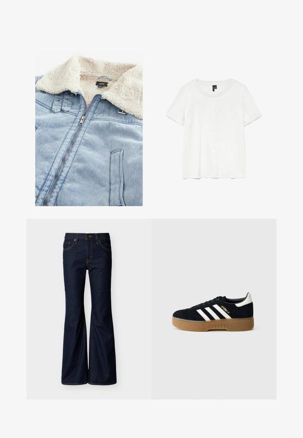 Jeansjack met een sherpa-gebufferde kraag, lichtblauwe kleur, voorrits en zakdetails. Etiket zichtbaar in het kraaggebied.; Witte t-shirt met korte mouwen en een ronde hals, gemaakt van lichte stof. Eenvoudig ontwerp, gladde textuur en rechte zoom.; Donkerblauwe spijkerbroek met uitlopende pijpen, voorste knoop- en ritssluiting en een ontwerp met vijf zakken met contrasterende stiksels.; Zwarte suède sneaker met witte drie strepen en gouden merktekens. Gele zool met gestructureerde grip. Klassiek laag model, afgeronde neus.