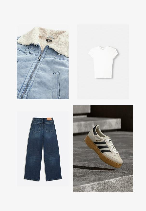 Jeansjack met een sherpa-gebufferde kraag, lichtblauwe kleur, voorrits en zakdetails. Etiket zichtbaar in het kraaggebied.; Witte t-shirt met korte mouwen van zachte katoen, met een ronde halslijn en een getailleerde vorm. Geen zichtbare patronen of versieringen.; Donkerblauwe denim jeans met wijde pijpen, twee achterzakken en een bruin leren merkembleem aan de tailleband.; Beige suède sneaker met zwarte strepen, witte veters en een zool van gumrubber. Heeft "SPEZIAL" branding aan de zijkant.