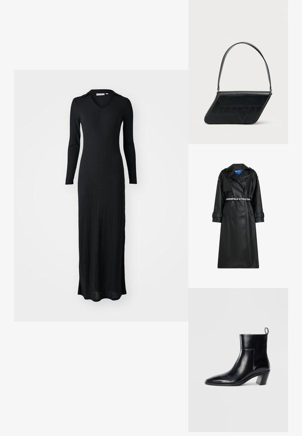 Must musta nahkjope, millel on kahekordne nööpide rida, vöödiga talje, suurde krae ja klapiga taskud. Omab logo vöökoht ja mansetid.; Musthave mustriba maxi kleit pikade varrukatega, v-kaelusega ning keha figureeriva lõikega, valmistatud pehmest, tekstureeritud kangast.; Must musta saapad terava nina, geomeetrilise kuuega ja tagaküljel tõmberaudaga. Sile tekstuur ja läikiv disain.; Mustast nahast kolmnurkse kujuga õlakott, reljeefse logoga ja ühe reguleeritava rihmaga. Minimalistlik disain ja sile tekstuur.