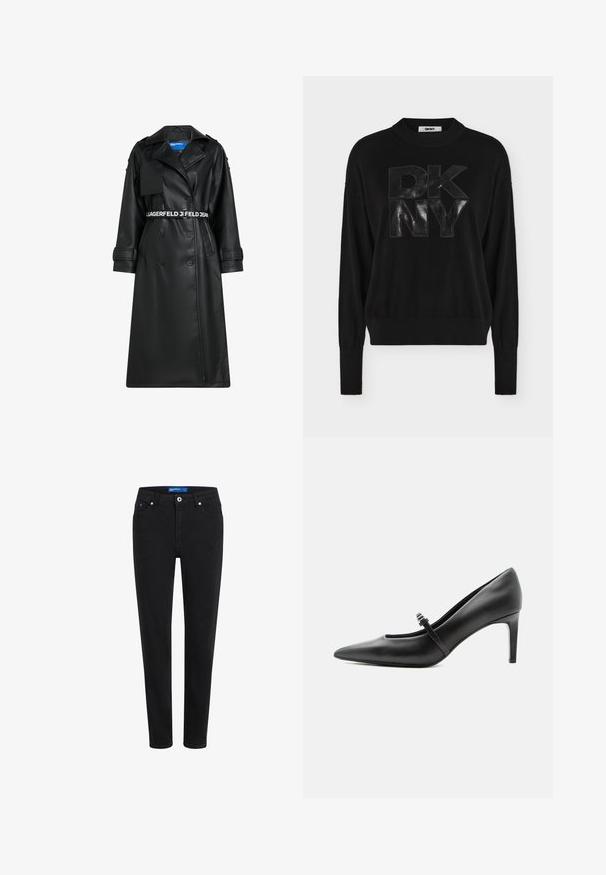 Sorte faux læderjakke med dobbeltradet design, bæltet talje, oversized krave og klaplommer. Har logo på bæltet og ærmerne.; Sort langærmet sweater med ribbet manchetter og kant, med store opsvulmede "DKNY" bogstaver foran.; Sorte denimjeans med slim fit, fem lomme-design, lynlås og metalknaplukning. Har subtil syning og en mellemhøj talje.; Sort læderspids højhælede sko med tynd rem og spænde over vristen, stående på en neutral lys baggrund.