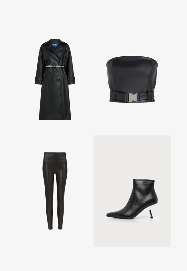 Abrigo de poliéster negro con diseño de doble botonadura, cintura ceñida con cinturón, cuello oversize y bolsillos de solapa. Presenta una banda elástica con el logo en la cintura y en los puños.; Top sin mangas de cuero negro con un diseño estructurado, presenta un cierre frontal con hebilla y una textura lisa y suave.; Leggings de cuero sintético negros de talle alto, con un acabado suave y brillante, y una silueta ajustada que se estrecha en el tobillo. Sin costuras visibles.; Botín de cuero negro con puntera puntiaguda y tacón de aguja plateado brillante sobre fondo blanco.