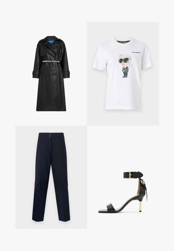 Sorte faux læderjakke med dobbeltradet design, bæltet talje, oversized krave og klaplommer. Har logo på bæltet og ærmerne.; Hvid bomulds t-shirt med en grafisk illustration af en karakter i sorte solbriller og jakkesæt. Mærket siger "KARL LAGERFELD."; Navy cargo bukser lavet af et vævet materiale, med to sidelommer, knaplukning og lige ben-design.; Sort læder hæl sandal med firkantet tå, ankelrem med en guldbuckle og en slank metallisk hæl. Glat tekstur, minimalistisk design.