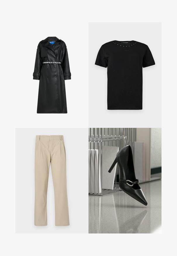 Abrigo de poliéster negro con diseño de doble botonadura, cintura ceñida con cinturón, cuello oversize y bolsillos de solapa. Presenta una banda elástica con el logo en la cintura y en los puños.; Camiseta negra de manga corta con cuello redondo, pequeños tachuelas metálicas a lo largo del cuello y una sutil firma bordada en el pecho.; Pantalones de pierna ancha beige hechos de una mezcla de algodón; presentan pliegues en la parte frontal, corte recto y presillas para cinturón. Textura suave, sin patrones.; Zapato de tacón alto negro con puntera y correa con hebilla plateada, colocado sobre una superficie reflectante cerca de un organizador de archivos metálico que sostiene papeles.