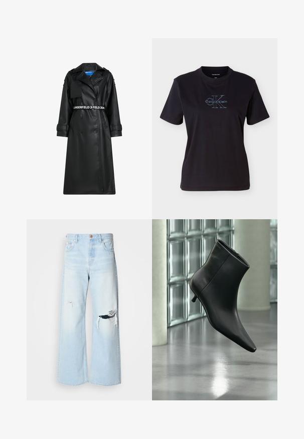 Schwarzer Kunstledermantel mit einem doppelreihigen Design, tailliertem Gürtel, übergroßem Kragen und Klappentaschen. Mit Logo-Bund und Ärmeln.; Schwarzes Baumwoll-T-Shirt mit kurzen Ärmeln und Rundhalsausschnitt. Vorne zeigt es ein blaues Calvin Klein-Logo mit markantem Schriftzug.; Helle blaue, weit geschnittene Jeans aus Denim mit hoher Taille, großen Rissen an den Knien und einem klassischen Fünf-Taschen-Design mit kupferfarbenen Beschlägen.; Schwarzer Leder-Stiefelette mit spitzer Zehenpartie und niedrigem Kitten-Heel, schräg dargestellt vor einem polierten Boden und einer Glasbausteinwand.