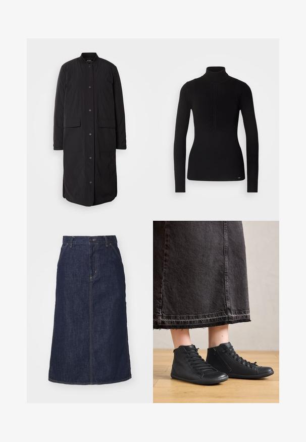 Abrigo largo negro con cuello redondo, botones de presión en el frente, dos bolsillos y una tela texturizada, con un silueta recta.; Suéter negro de cuello vuelto con mangas largas, tejido texturizado, detalle fruncido en la parte frontal y un sutil acento de logotipo en el dobladillo.; Falda de mezclilla oscura con cintura alta, corte recto, bolsillos delanteros y costuras cosidas. Presenta un cierre de cremallera y botón en la cintura.; Botas altas de cuero negro con una textura suave, que cuentan con cordones y una cremallera lateral. Llevadas con una falda larga de mezclilla negra.