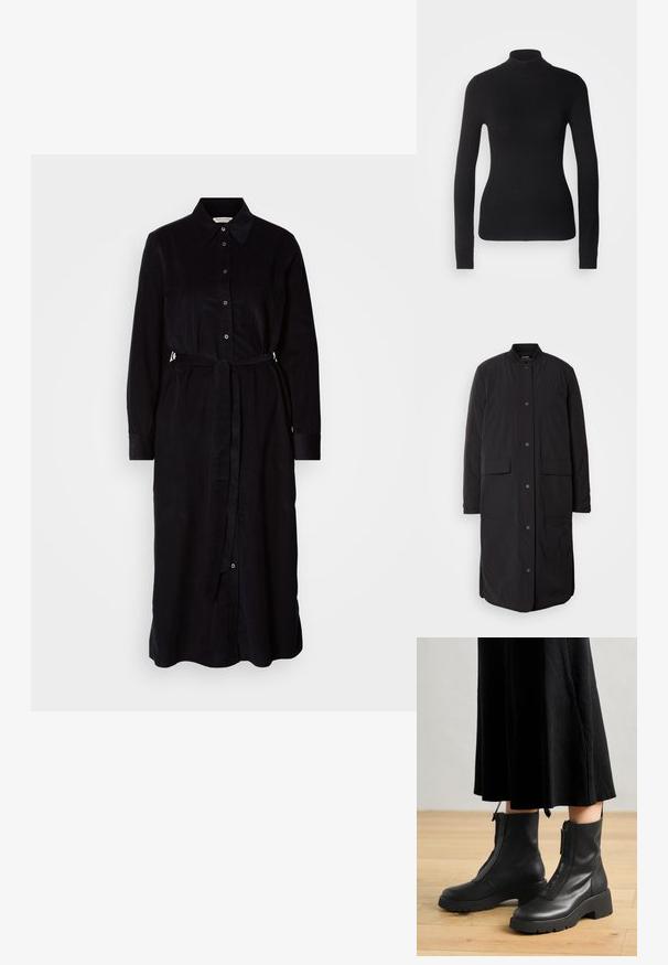 Abrigo largo negro con cuello redondo, botones de presión en el frente, dos bolsillos y una tela texturizada, con un silueta recta.; Suéter negro de cuello alto hecho de un tejido de punto ligero. Presenta mangas largas, un diseño ajustado y una suave textura acanalada.; Vestido camisa negro con cuello de solapa, mangas largas, cierre de botones y cintura anudada para un ajuste ajustable. Textura de tela suave.; Botas de tobillo de cuero negro con suela de plataforma gruesa y cremallera delantera. Textura suave con un diseño minimalista.