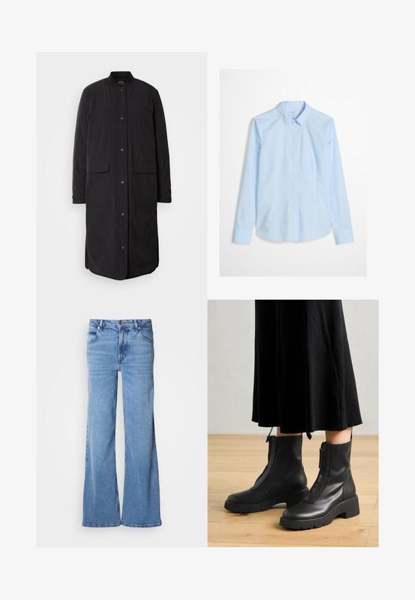 Manteau long noir avec un col rond, des boutons-pression à l'avant, deux poches et un tissu texturé, présentant une silhouette droite.; Chemise bleu clair à manches longues, col classique, avec un logo discret brodé sur la poitrine. Tissu lisse et net.; Jean large de couleur bleu clair en denim. Doté d'un design classique à cinq poches et d'une braguette à boutons apparents. Texture douce et finition unie.; Bottines en cuir noir avec une semelle plateforme épaisse et une fermeture éclair à l'avant. Texture lisse avec un design minimaliste.