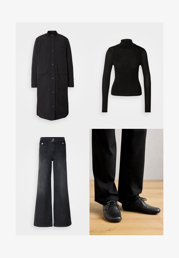 Abrigo largo negro con cuello redondo, botones de presión en el frente, dos bolsillos y una tela texturizada, con un silueta recta.; Top de cuello alto negro hecho de un material ligero y elástico. Presenta mangas largas y una silueta ajustada sin costuras visibles.; Pantalones vaqueros de mezclilla negra de pierna ancha con una cintura alta, botones en la parte frontal y dos bolsillos delanteros; textura suave con un ligero acabado desvanecido.; Persona con zapatos de vestir negros y pantalones negros de pie sobre un suelo de madera clara, frente a un fondo liso.