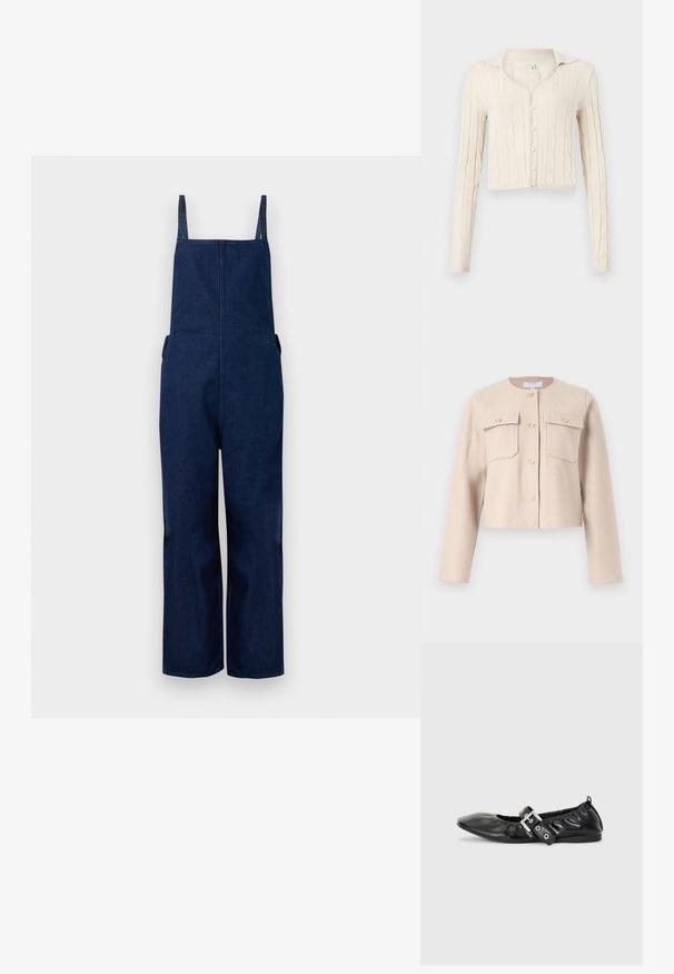Bež, lühendatud bleiser pehmest kangast, millel on pikad varrukad, kuldsed nööbid ja kaks rinna taskut. Klassikaline ümmargune kaelus, minimalistliku disainiga.; Tumed denim üleüldised püksid laia säärega, reguleeritavate rihmade ja küljetaskutega, millel on puhas, minimalistlik disain ja sile tekstuur.; Kreemivärvi kootud kardigan pikkade varrukatega, V-kaelusega ja viie pärliga nööbiga ees. Lühendatud disain.; Must musta lamega, millel on terav nina, kokkukogutud detailid avause ümber ja hõbedane pandla aktsent reguleeritaval rihmal.
