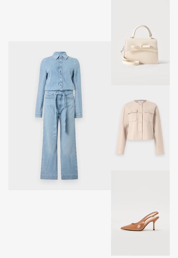 Beige, cropped jasje van zachte stof met lange mouwen, gouden knopen en twee borstzakken. Klassieke ronde halslijn met een minimalistisch ontwerp.; Lichtblauwe denim jumpsuit met lange mouwen, knoopsluiting aan de voorkant, spitse kraag, wijde pijpen en een bijpassende stoffen riem gestrikt in de taille.; Puntige slingback hak in een glad, glanzend beige materiaal. Bevat een gebogen uitsnijdontwerp en een slanke stiletto hak. Zilveren gesp detail.; Kleine beige handtas met bovenhandvat, afneembare riem, voorflap en decoratieve horizontale strik op een effen achtergrond.