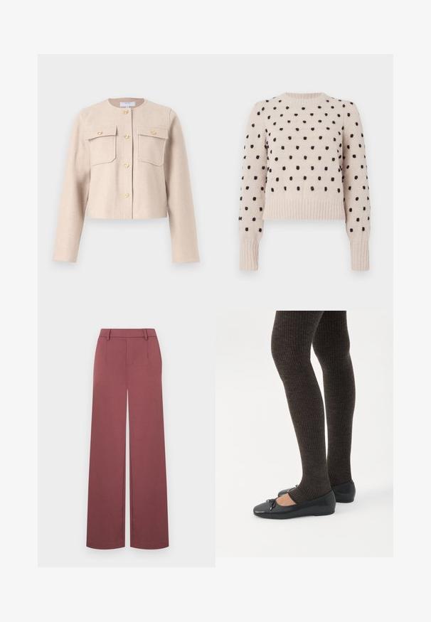 Beige, cropped jakke lavet af blødt stof med lange ærmer, guldknapper og to brystlommer. Klassisk rund udringning med minimalistisk design.; Lysbeige sweater med sorte prikker, ribbet rund hals og manchetter, blød tekstur, kort pasform og lange ærmer.; Bukser med vide ben i en bordeauxrød farve. Fremstillet af glat stof med en skræddersyet linning og forbukser, uden synlige beslag.; Ben iført mørke ribbede leggings kombineret med sorte balletsko med små sløjfedetaljer på hvid baggrund.