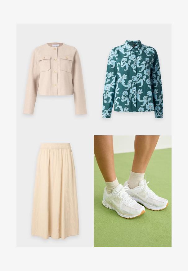 Beige, lyhyt takki pehmeästä kankaasta, jossa on pitkät hihat, kultaiset napit ja kaksi rintataskua. Klassinen pyöreä kaula-aukko yksinkertaisella muotoilulla.; Pystykauluksinen pitkähihainen paita tummansinisellä pohjalla ja vaaleansinisellä kukkakuviolla, jossa on nappikiinnitys ja pehmeä, teksturoitu kangas.; Pitkä beige hame, jossa joustava vyötärönauha, pehmeä tekstuuri ja löysä, virtaava siluetti.; Valkoiset urheilujalkineet, joissa on verkkokangasta, kumipohjat ja beige-yksityiskohdat. Yhdistetty vaaleanvärisiin sukkiin vihreällä pinnalla.