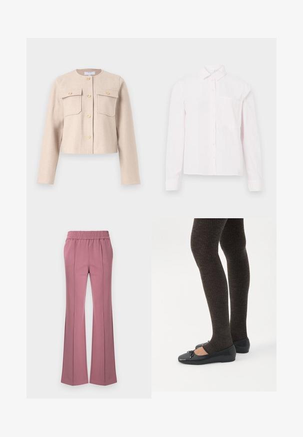 Beige, taillierte Jacke aus weichem Stoff mit langen Ärmeln, goldenen Knöpfen und zwei Brusttaschen. Klassischer Rundhalsausschnitt mit minimalistischem Design.; Helles rosa Langarm-Hemd mit Knopfleiste, Kragen und einer einzelnen Brusttasche, vor einem weißen Hintergrund präsentiert.; Schlaghose in staubigem Rosaton, aus weichem Stoff gefertigt. Verfügt über einen elastischen Bund und dezente Falten an der Vorderseite.; Beine in dunklen, gerippten Leggings kombiniert mit schwarzen Ballerinas mit kleinen Schleifendetails auf weißem Hintergrund.