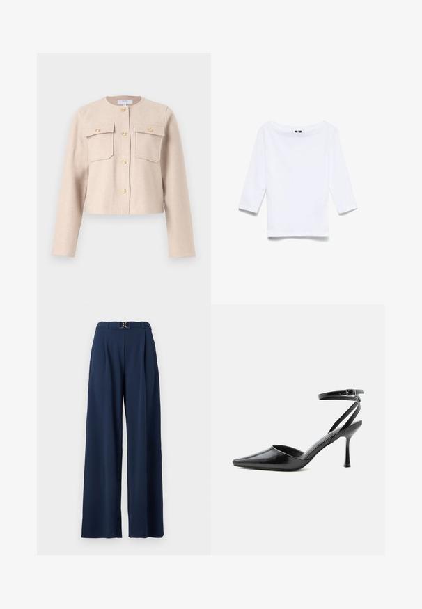 Beige, cropped jakke lavet af blødt stof med lange ærmer, guldknapper og to brystlommer. Klassisk rund udringning med minimalistisk design.; Hvid skjorte med trekvartlange ærmer lavet af bomuldsblandingsstof; har en bred bådudskæring og en glat, let tekstur.; Marineblå bukser med vid ben fremstillet af glat stof med høj talje og detaljer i form af en guldfarvet bæltespænde, med plisseringer og sideslids ved kanten.; Sort spids højhælet sko med tynde ankelremme og sølvspænde på en ensfarvet lys baggrund.
