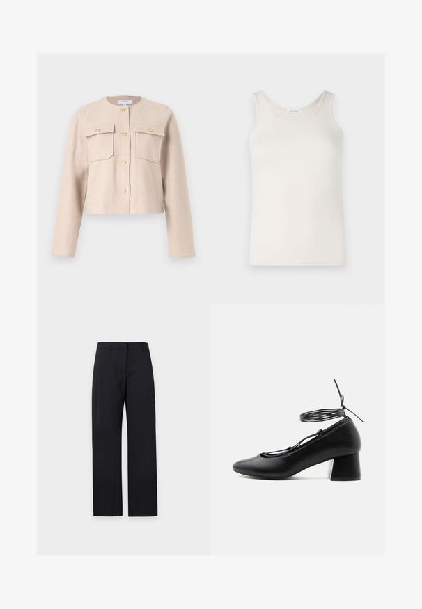 Beige, cropped jasje van zachte stof met lange mouwen, gouden knopen en twee borstzakken. Klassieke ronde halslijn met een minimalistisch ontwerp.; Witte katoen tanktop met een ronde halslijn en smalle bandjes, met een gladde textuur en zonder zichtbare patronen of accenten.; Zwarte broek met rechte pijpen, riemlussen, ritssluiting aan de voorkant en een vlakke voorkant, afgebeeld tegen een effen lichte achtergrond.; Zwarte leren schoen met middelhoog hakje, puntige neus, gekruiste riempjes en een wikkelriem rond de enkel op een witte achtergrond.