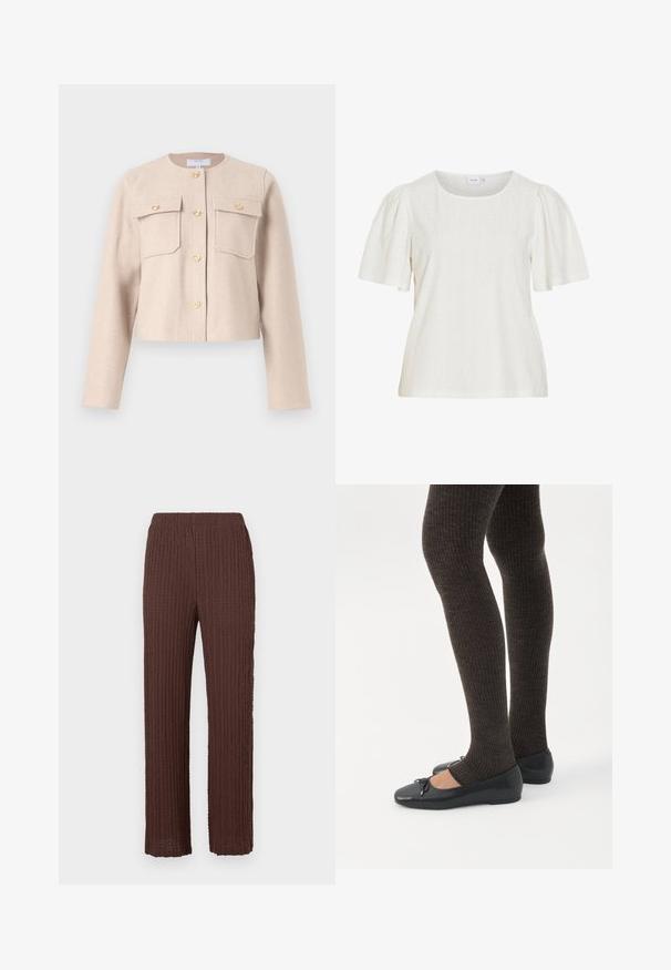 Beige, cropped jakke lavet af blødt stof med lange ærmer, guldknapper og to brystlommer. Klassisk rund udringning med minimalistisk design.; Hvid kortærmet bluse med puffede ærmer, rund halsudskæring og subtil prikket tekstur.; Brune strikkede bukser med et tekstureret mønster, der har elastisk linning og lige, løstsiddende ben. Letvægts, åndbart stof.; Ben iført mørke ribbede leggings kombineret med sorte balletsko med små sløjfedetaljer på hvid baggrund.