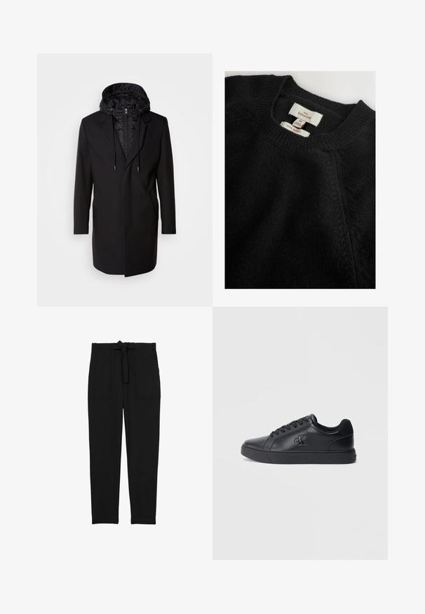 Sort frakke med en aftagelig polstret hætte, lynlås lukning, sidelommer og skræddersyet design. Glat tekstur og rene linjer gennem hele produktet.; Sort merinouldsweater med rund halsudskæring. Har ribstrikkede manchetter og kant, samt vævede mærker med størrelse og materialeinformation.; Reiss REGULAR FIT - SET BELTED TECHNICAL - Bukser - black; Sorte lædersneakers med snørebånd, gummisål og præget logo på siden, der har en glat tekstur og minimalistisk stil.