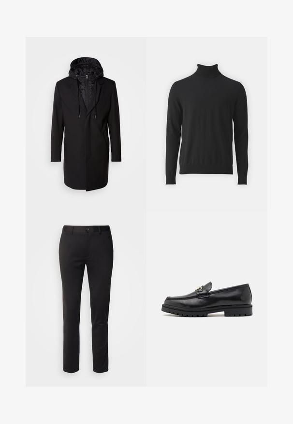 Abrigo negro con capucha acolchada desmontable, cierre de cremallera, bolsillos laterales y un diseño entallado. Textura suave y líneas limpias en todo el abrigo.; Suéter negro de cuello alto hecho de una tela suave, con mangas largas y un cuello acanalado, con una textura lisa y un diseño ajustado.; Pantalones negros de tela suave, con un diseño de pierna recta, cierre de botón en la parte delantera y cinturas, exhibidos sobre un fondo blanco.; Mocasines de cuero negro con un acabado suave, punta redonda, una tira decorativa con herraje dorado y una suela negra robusta.