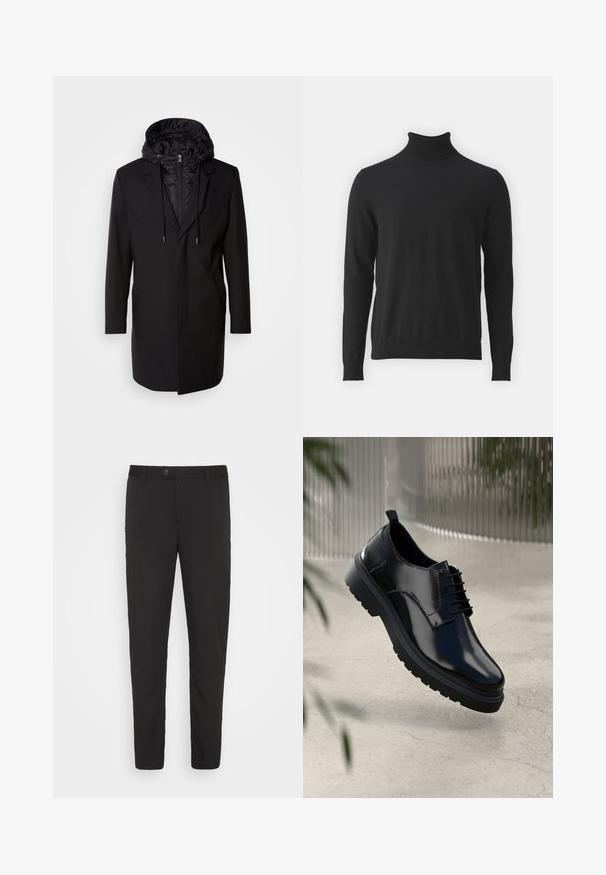 Manteau noir avec capuche rembourrée amovible, fermeture éclair, poches latérales et design ajusté. Texture lisse et lignes épurées tout au long.; Pull en col roulé noir en tissu doux, doté de manches longues et d'un col côtelé, avec une texture lisse et une coupe ajustée.; Pantalons noirs taillés avec une coupe droite, poches avant et fermeture à bouton. Fabriqués en tissu lisse avec un léger éclat.; Chaussure en cuir noir avec une finition brillante, bout rond, design à lacets, surpiqûres contrastantes, et semelle épaisse en caoutchouc avec motifs de relief.