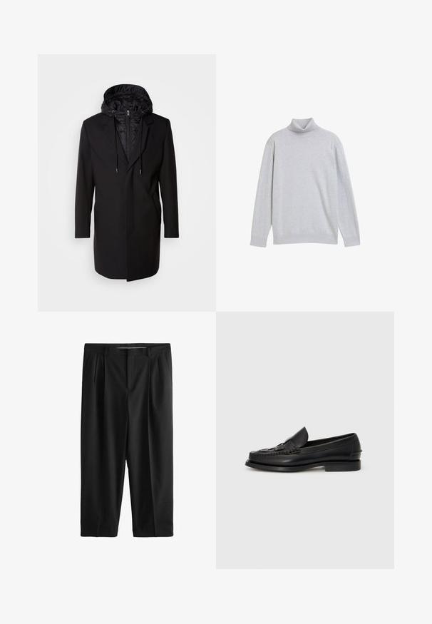 Sort frakke med en aftagelig polstret hætte, lynlås lukning, sidelommer og skræddersyet design. Glat tekstur og rene linjer gennem hele produktet.; Lys grå turtleneck sweater lavet af blødt strikstof, med lange ærmer og ribbede detaljer ved kraven og kanten.; Sorte skræddersyede bukser med forreste læg, sidelommer, bæltestropper og et lige ben på hvid baggrund.; Sorte læderloafer med et vævet detaljer hen over fronten, rund tå og en lav hæl. Glat tekstur og minimalistisk design.
