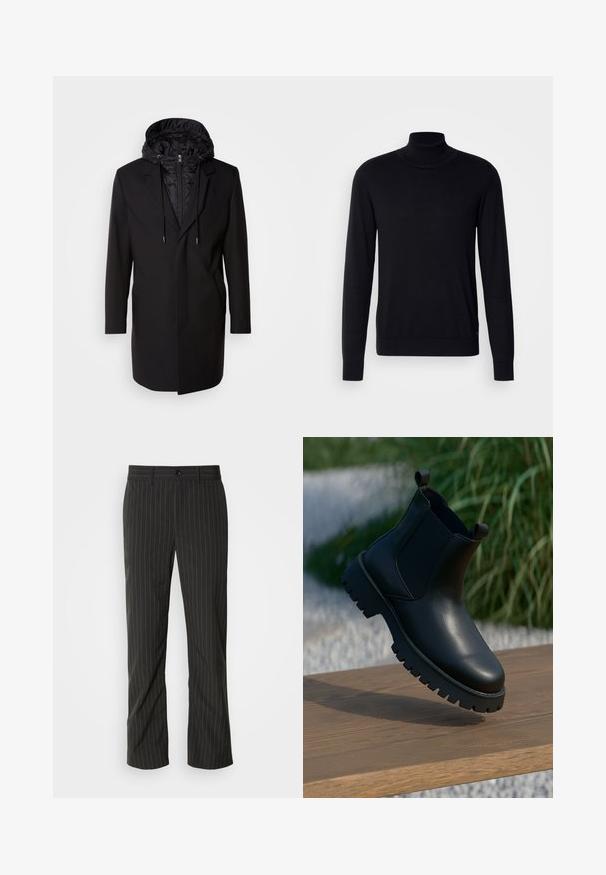 Sort frakke med en aftagelig polstret hætte, lynlås lukning, sidelommer og skræddersyet design. Glat tekstur og rene linjer gennem hele produktet.; Sort tregnet trøje lavet af blødt stof. Har lange ærmer, ribbestrikket krave og manchetter, samt en glat overflade uden mønstre.; Sorte skræddersyede bukser med lige snit. Har en glat tekstur, frontlukning med knap og bæltestropper.; Sorte læder ankelstøvler med elastiske sidepaneler, rund tå og kraftig sål, vist på en træoverflade.