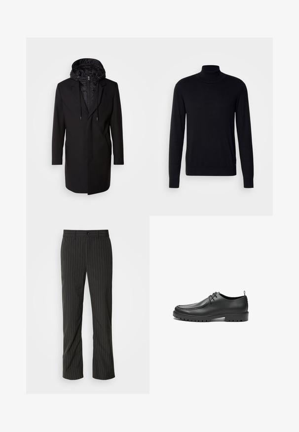 Manteau noir avec capuche rembourrée amovible, fermeture éclair, poches latérales et design ajusté. Texture lisse et lignes épurées tout au long.; Pull à col montant noir en tissu doux. Doté de manches longues, d'un col et de poignets côtelés, avec une texture lisse et sans motifs.; Pantalons noirs à rayures fines avec une coupe droite. Présente une texture lisse, une fermeture à bouton à l'avant et des passants de ceinture.; Chaussures en cuir noir avec une finition lisse, bout arrondi et coutures décoratives. Elles possèdent une semelle en caoutchouc avec des rainures de traction et un laçage.