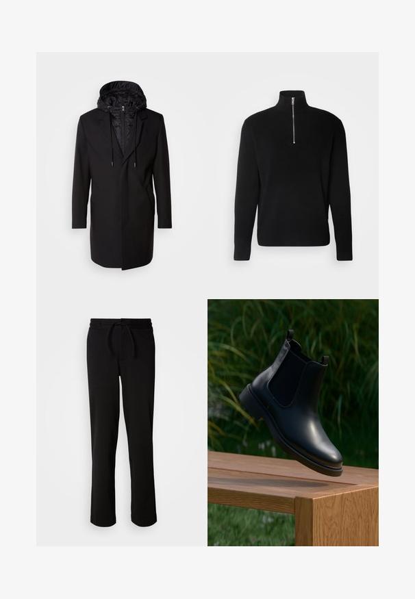 Schwarzer Mantel mit abnehmbarer gepolsterter Kapuze, Reißverschluss, Seitentaschen und maßgeschneidertem Design. Glatte Textur und klare Linien durchgehend.; Lindbergh HALF ZIP RIB KNIT - Strickpullover - black; Schwarze Jogginghosen mit einem Kordelzugbund, hergestellt aus weichem, elastischem Material. Sie haben einen lockeren Schnitt mit geraden Beinen und keine sichtbaren Taschen.; Schwarze Leder-Stiefelette mit elastischen Seitenpaneelen, schwebend über einer hölzernen Bank, mit grünem Laub im Hintergrund.