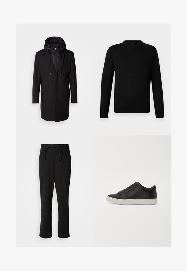 Abrigo negro con capucha acolchada desmontable, cierre de cremallera, bolsillos laterales y un diseño entallado. Textura suave y líneas limpias en todo el abrigo.; Suéter de punto de manga larga negro con cuello redondo, con puños y dobladillo de canalé, expuesto sobre un fondo claro y liso.; Pantalones de punto negros con cintura elástica y cordón, corte recto y bolsillos laterales. Textura suave con un acabado liso.; Zapatillas de cuero negro con punta redondeada, suela plana de goma blanca y diseño de cordones con seis ojales. Textura suave, estilo minimalista.