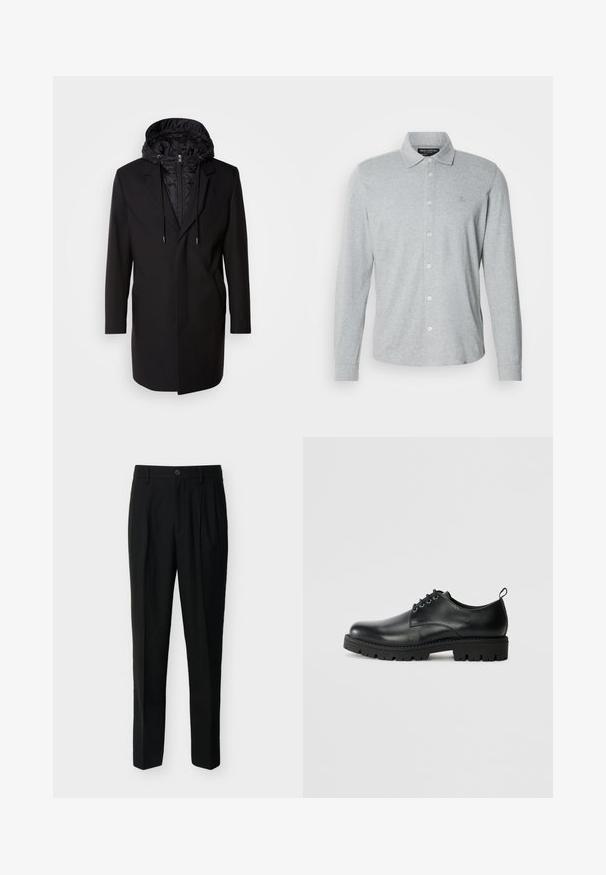 Zwarte jas met een afneembare gewatteerde capuchon, ritssluiting, zijzakken en een op maat gemaakte stijl. Soepele textuur en strakke lijnen overal.; Grijs poloshirt met lange mouwen, gemaakt van zachte katoen, met een knoopsluiting aan de voorkant, een puntige kraag en een subtiel logo op de borst.; Zwarte, op maat gemaakte, high-waist broek met riemlussen, plooien aan de voorkant, zijzakken en een knoop- en ritssluiting.; Zwarte lederen schoen met een ronde neus, voorzien van een vetersluiting, stevige zwarte rubberen zool en een klein hieltabje aan de achterkant.