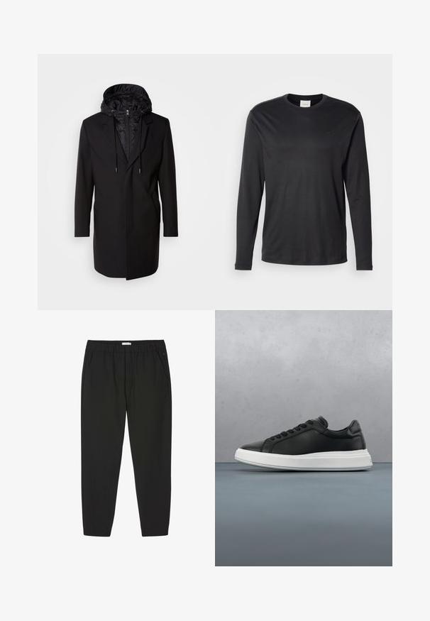 Zwarte jas met een afneembare gewatteerde capuchon, ritssluiting, zijzakken en een op maat gemaakte stijl. Soepele textuur en strakke lijnen overal.; Zwarte longsleeve crewneck shirt van Calvin Klein met klein CK-logo op de linkerborst, weergegeven op een witte achtergrond.; Zwarte broek met elastische taille, rechte pijpen en zijzakken, ontworpen voor casual of professioneel gebruik.; Zwarte leren sneaker met een gladde afwerking, witte rubberen zool, ronde vorm, zes openingen voor veters en subtiele branding op de hiel.