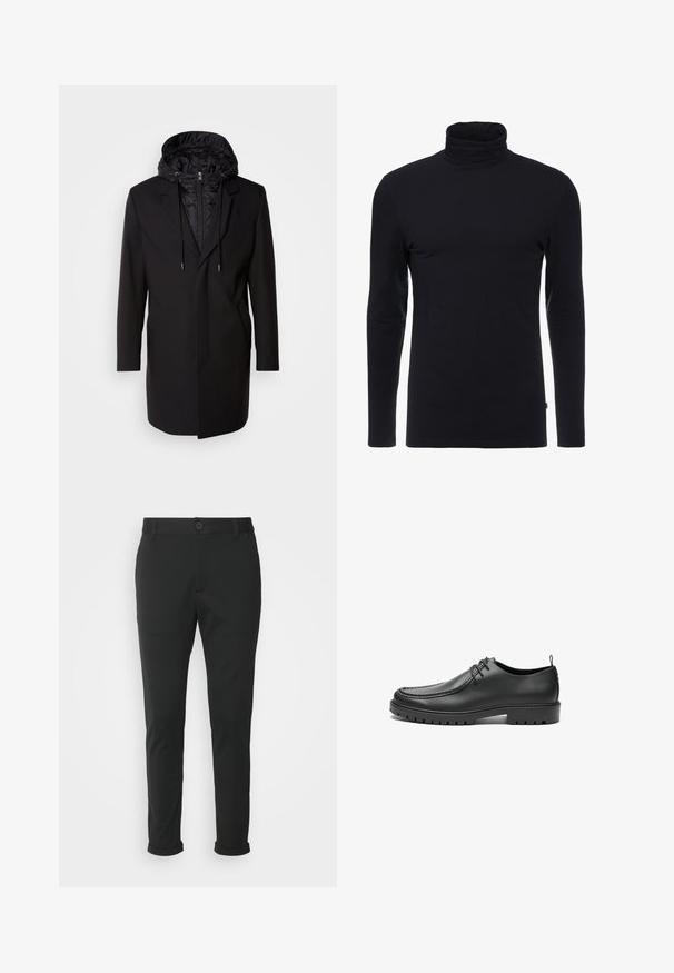 Schwarzer Mantel mit abnehmbarer gepolsterter Kapuze, Reißverschluss, Seitentaschen und maßgeschneidertem Design. Glatte Textur und klare Linien durchgehend.; Schwarzes Langarm-Turtleneck-Shirt aus weichem, dehnbaren Stoff. Verfügt über ein tailliertes Design und eine glatte Textur. Keine sichtbaren Muster oder Akzente.; Schwarze Hose aus einem glatten Stoff mit geradem Schnitt. Besitzt einen einzelnen Knopfverschluss und umgeschlagene Bündchen.; Schwarze Lederschuhe mit glatter Oberfläche, runder Zehenform und dekorativer Naht. Mit einer Gummisohle mit Traktionsrillen und Schnürdesign.