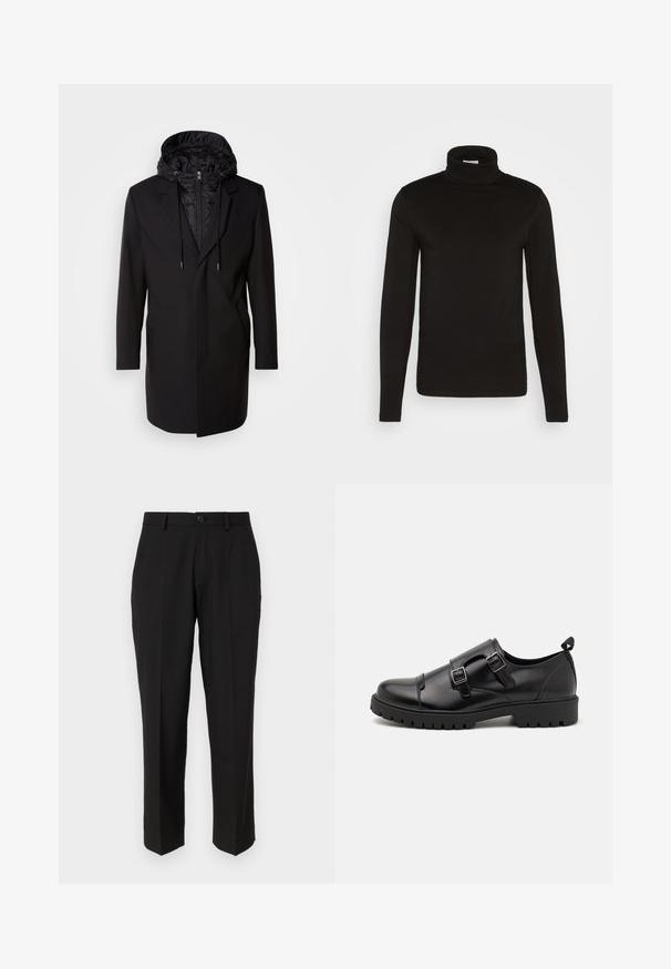 Sort frakke med en aftagelig polstret hætte, lynlås lukning, sidelommer og skræddersyet design. Glat tekstur og rene linjer gennem hele produktet.; Sort turtleneck langærmet skjorte lavet af et glat stof med en tætsiddende design og en høj, tætsiddende krave. Ingen mønstre eller accenter synlige.; Sorte bukser lavet af glat stof, med lige ben design, forlommer, en enkelt knaplukning, og uden synlige mønstre.; Pier One by Zalando Business loafers - black