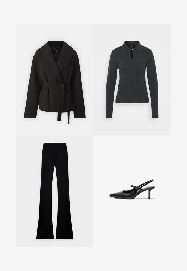 Vero Moda Tall VMANNE BERGEN JACKET - Ľahká bunda - black; Tmavo sivý pletený sveter s golierom, dlhými rukávmi a otvorom v oblasti krku, ktorý má malý detail s gombíkom.; Čierne pletené nohavice s rozšírenou nohavicou a rebrovaným elastickým pásom, rozložené na svetlosivom pozadí.; Čierne kožené sandále na podpätku s ostrou špičkou, štíhlym nastaviteľným popruhom a približne 5 cm vysokým stiletto podpätkom, hladká textura.
